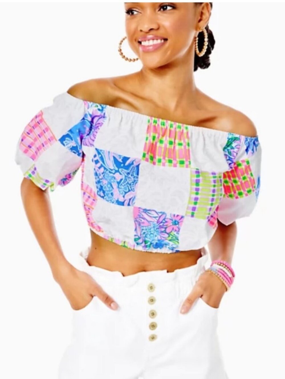 LILLY PULITZER Esmeray Crop Top Patch Me If You Can Sz L Off Shoulder Patchwork